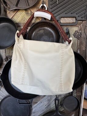 Leather Hobo Shoulder Bag in Cream with Brown Braided Handle